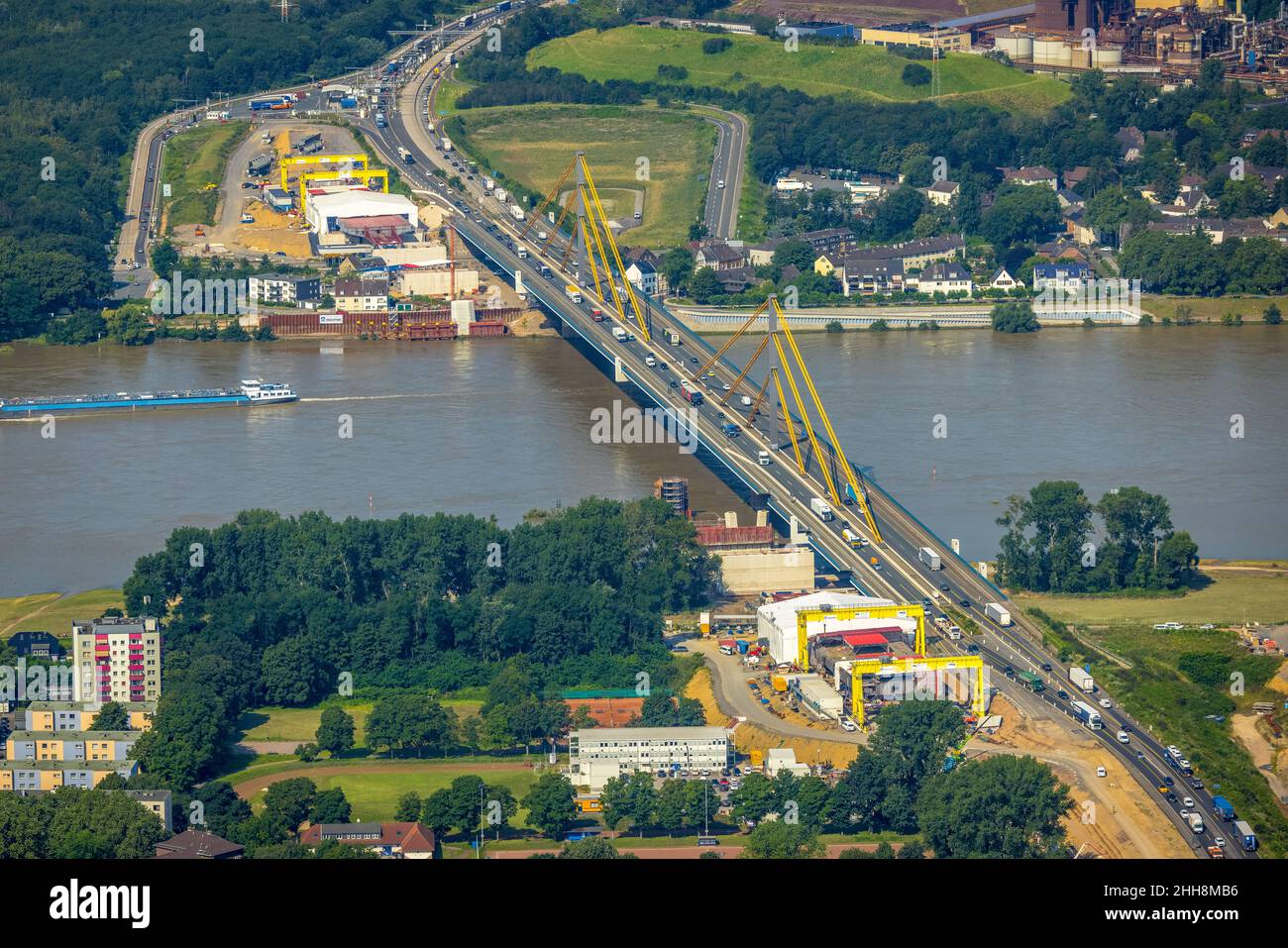 Vista aerea, cantiere presso il ponte sul Reno A40 Neuenkamp, fiume Reno, Alt-Homberg, Duisburg, zona della Ruhr, Renania settentrionale-Vestfalia, Germania, DE, Foto Stock