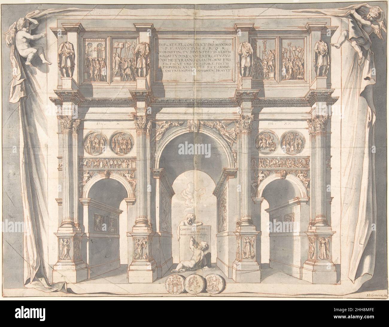 Vista dell'Arco di Costantino prima del 1704 Jan Goeree olandese. Vista dell'Arco di Costantino 336130 Foto Stock
