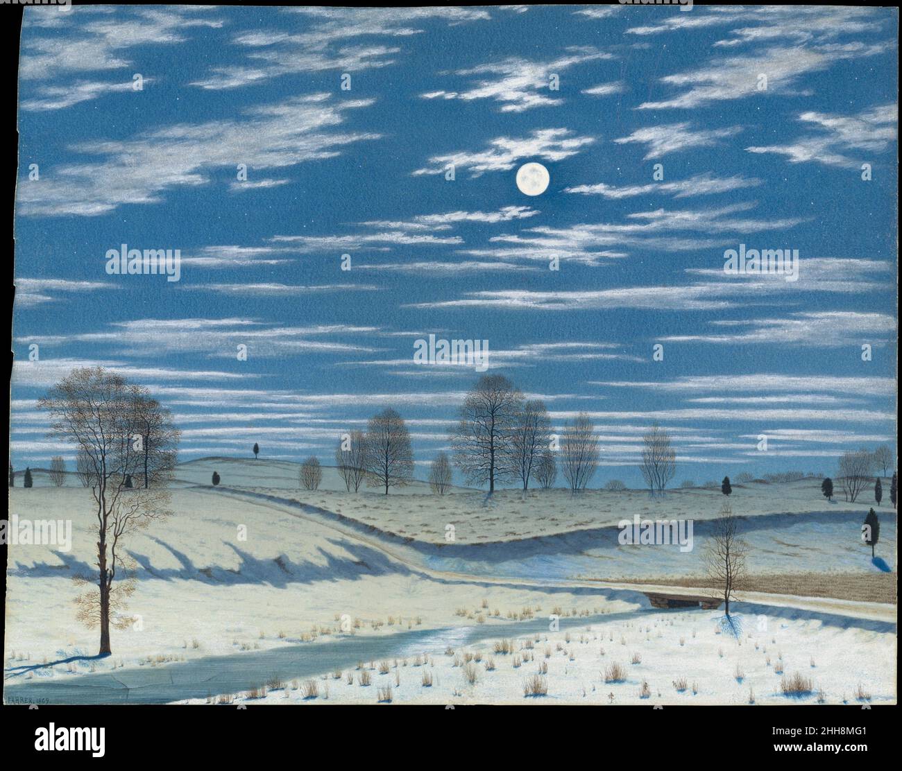 Winter Scene in Moonlight 1869 Henry Farrer Henry Farrer, nato in inglese americano, era il fratello di Thomas C. Farrer, il fondatore principale della Società per l'avanzamento della verità nell'arte, che rappresentava il movimento pre-Raphaelite in America. A differenza di suo fratello, che studiò disegno con John Ruskin a Londra, Enrico fu probabilmente autoinsegnato, a partire dai primi del 1860s per produrre paintingly lavorati ancora vita e paesaggi in acquerello. Li espone regolarmente alla American Watercolor Society, che ha aiutato a trovare. "Winter Scene in Moonlight", la prima acqua conosciuta di Farrer Foto Stock