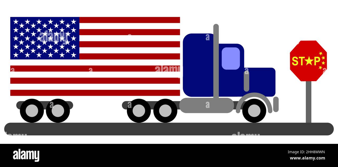 Illustrazione di un camion americano fermato ai confini della Cina a causa di rapporti freddi e di guerra commerciale tra Stati Uniti e Cina Foto Stock