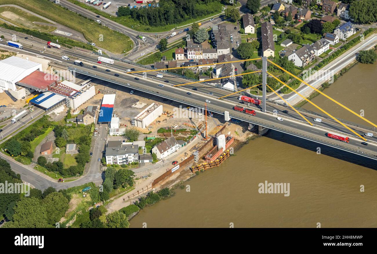 Vista aerea, cantiere presso il ponte sul Reno A40 Neuenkamp, fiume Reno, Alt-Homberg, Duisburg, zona della Ruhr, Renania settentrionale-Vestfalia, Germania, DE, Foto Stock