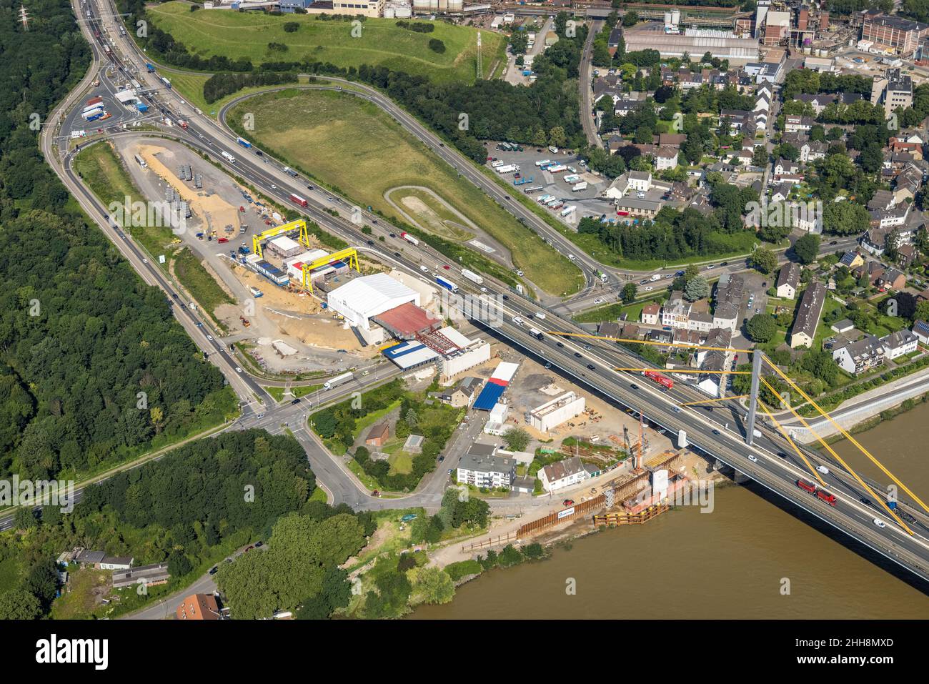 Vista aerea, cantiere presso il ponte sul Reno A40 Neuenkamp, fiume Reno, Alt-Homberg, Duisburg, zona della Ruhr, Renania settentrionale-Vestfalia, Germania, DE, Foto Stock