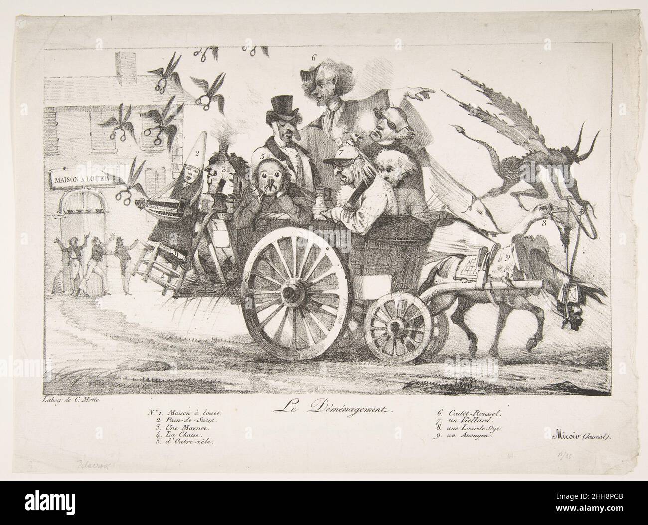 Il Consiglio dei censori esce 1822 Eugène Delacroix francese in questa stampa Delacroix sta facendo un riferimento satirico al governo ufficiale 'abolizione' della censura nel 1822 che è suggerito dal diavolo che guida una macchina che allontana i censori dalla loro sede abbandonata. Il Consiglio dei censori esce dal 337324 Foto Stock