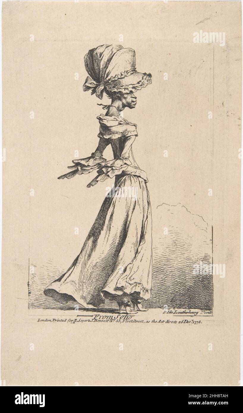 Da Soho 26 dicembre 1776 Philippe Jacques de Loutherbourg il francese Loutherbourg si trasferì a Londra da Parigi nel 1771 e lavorò per David Garrick al Drury Lane Theatre, introducendo set design trasformativi ed effetti di illuminazione. Durante questo intenso decennio ha prodotto "caricature degli inglesi", forse intenzionati per il mercato francese. Questo esempio si concentra su una donna sottile che indossa un cappuccio voluminoso e scarpe sostenute da tacchi a punta. Henry Angelo la identificò nelle sue memorie come una "signora abbess" (slang per un custode del bordello la cui 'casa' a Soho sarebbe stata vicina alla maggiore thea di Londra Foto Stock