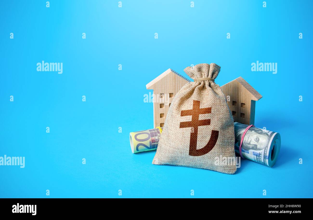 Case e lira turco borsa di denaro. Asset, gestione delle risorse finanziarie. Costruire capitali, risparmiare sui rischi di inflazione. Immobiliare. Risparmio. Decla Foto Stock