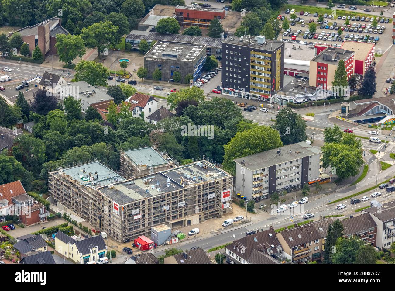 Vista aerea, cantiere e nuova costruzione di una casa di riposo, Düsseldorfer Landstraße 163-169, Buchholz, Duisburg, zona della Ruhr, Nord Reno-Ovest Foto Stock
