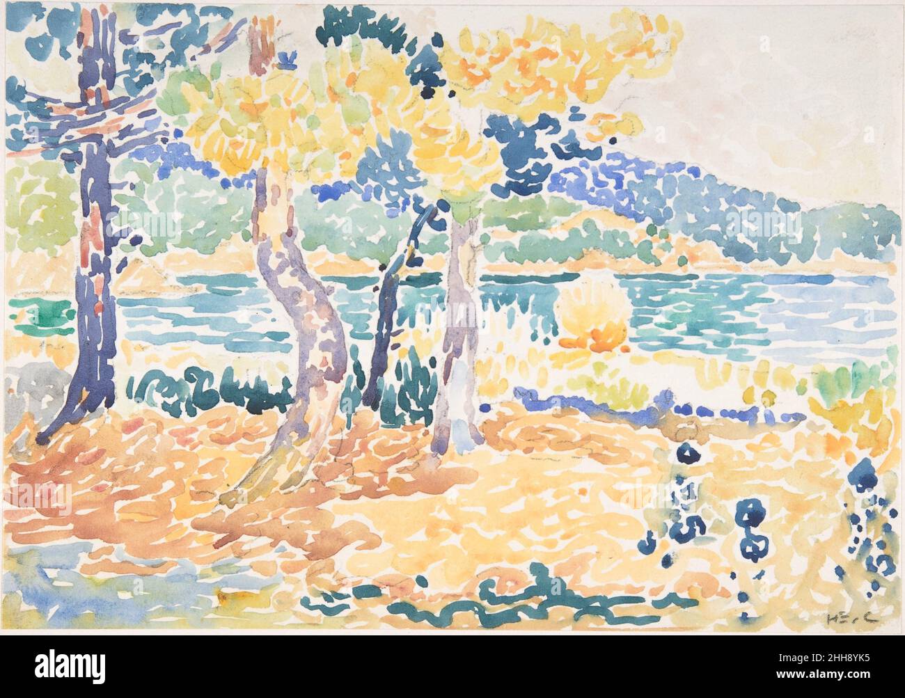 Pini sulla costa n.d. Henri-Edmond Cross (Henri-Edmond Delacroix) Francese insieme al suo amico Paul Signac, che visse non lontano da lui a Saint-Tropez, Cross sviluppò uno stile neo-impressionista di grandi colpi che assomigliavano mosaici che in seguito influenzerebbero i Fauves e i Cubisti. Pini sulla costa. Henri-Edmond Cross (Henri-Edmond Delacroix) (francese, Douai 1856–1910 Saint-Clair). N.d.. Acquerello su gesso nero. Disegni Foto Stock