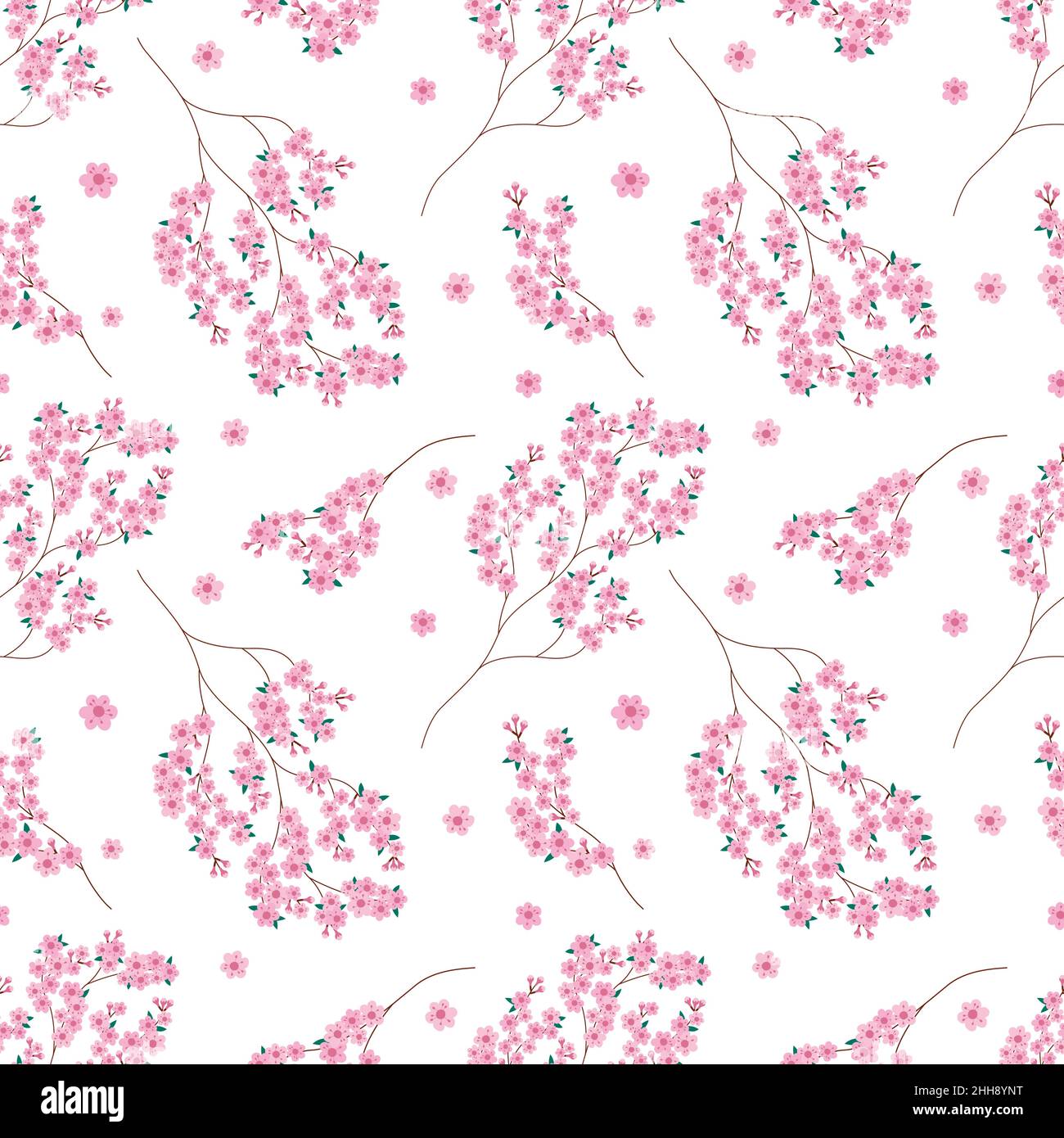 Sakura fiori senza cuciture. Vettore infinito sfondo bianco con fiore Sakura. Design primaverile con elementi floreali. Illustrazione Vettoriale