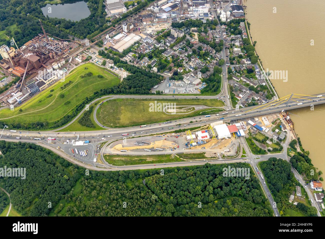 Vista aerea, cantiere uscita autostradale Duisburg-Homberg, autostrada A40, ponte sul Reno Neuenkamp, Alt-Homberg, Duisburg, Area della Ruhr, Renania settentrionale-Wes Foto Stock