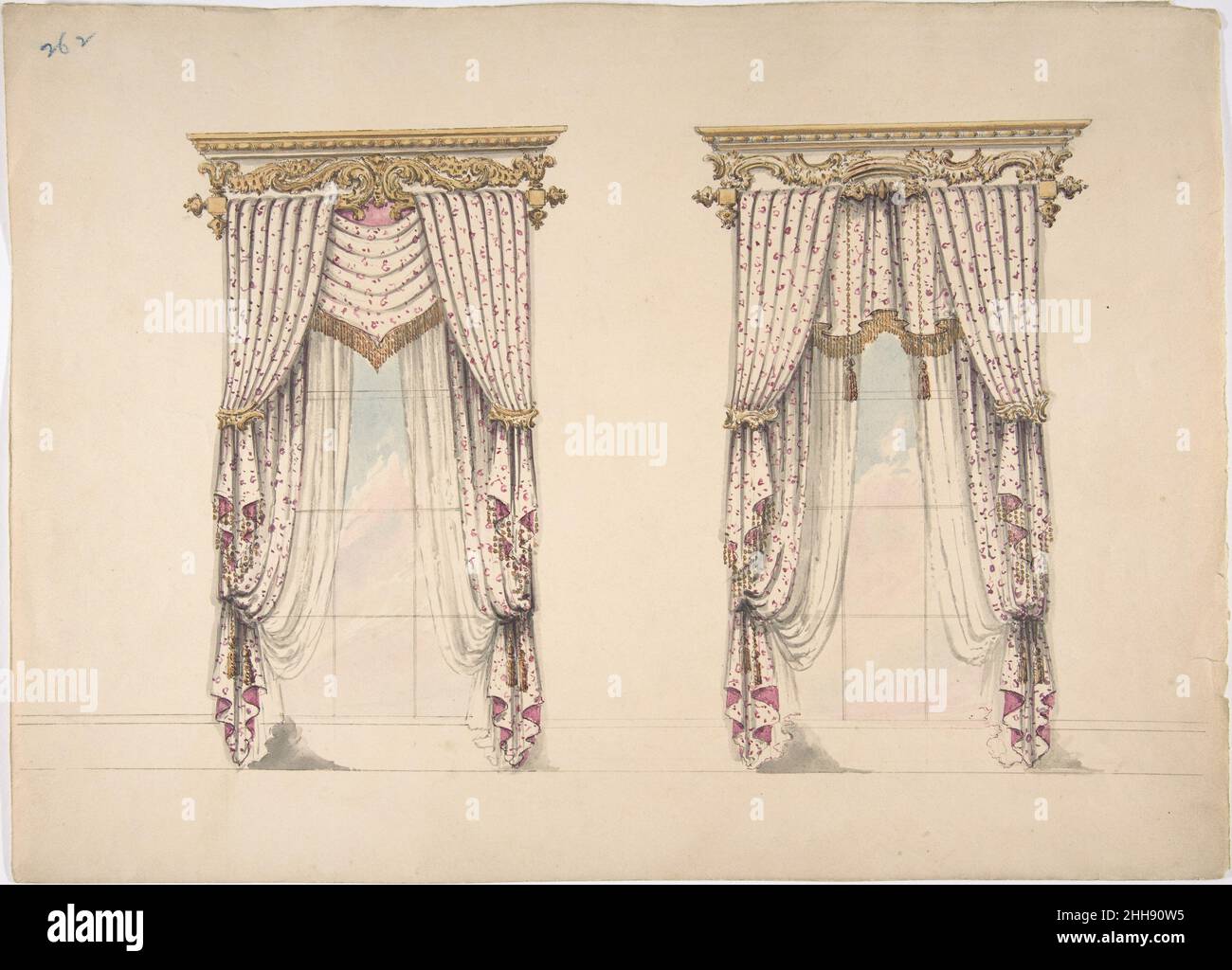 Design per tende rosa e bianco con frange d'oro, e oro e bianco, primi del  19 ° secolo Foto stock - Alamy