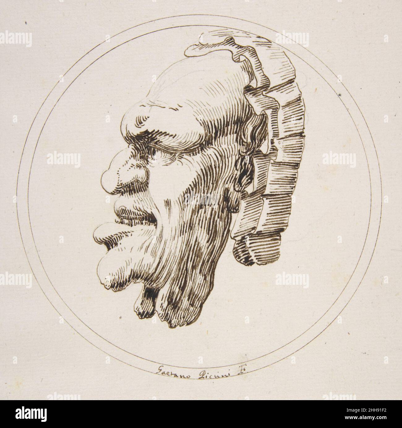 Maschera umana a sinistra all'interno di un cerchio 1727 Gaetano Piccini Italiano. Maschera umana che guarda a sinistra all'interno di un cerchio 345838 Foto Stock