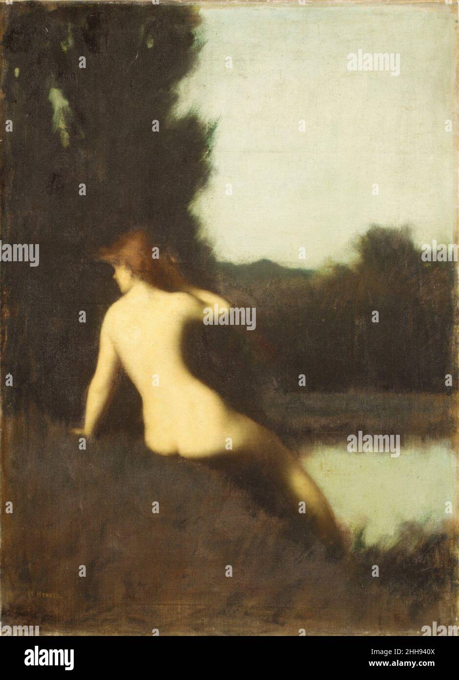 A bather (Echo) 1881 Jean-Jacques Henner French questo dipinto, commissionato nel 1881 da Catharine Lorillard Wolfe, un grande patrono della pittura francese contemporanea e del Metropolitan È una replica di una composizione ben nota dello stesso anno, ora nel Musée National Jean-Jacques Henner, Parigi. Secondo il diario dell'artista, questo dipinto raffigura una figura della mitologia greca, Echo. Fu commissionato da Catherine Lorillard Wolfe, grande patrono della pittura francese contemporanea e del Metropolitan, e divenne il primo lavoro di Henner ad entrare in un museo americano. Come la tela attuale, t Foto Stock