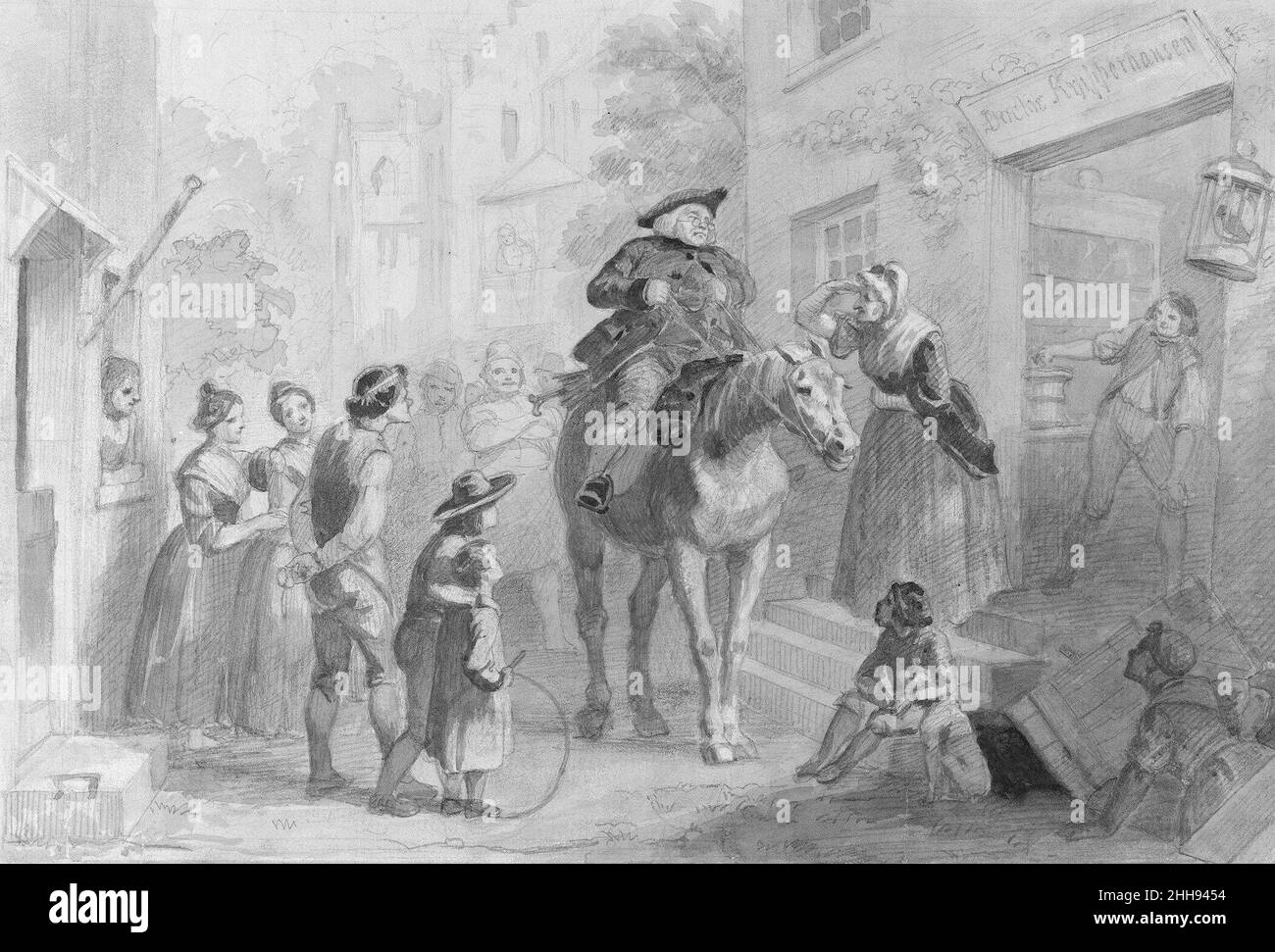 Scena del villaggio con le figure coloniali olandesi (dall'album di Hosack) attribuito a Felix Octavius Carr Darley americano. Scena del villaggio con le figure coloniali olandesi (dall'album di Hosack). Attribuito a Felix Octavius Carr Darley (americano, Philadelphia, Pennsylvania 1822–1888 Claymont, Delaware). Americano. Lavaggi acquerello, grafite, e gouache su carta deposta biancastra Foto Stock