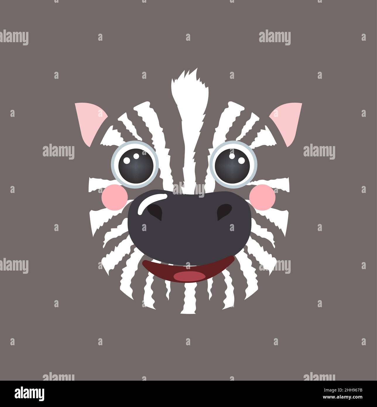 Cute zebra ritratto quadrato sorriso testa cartoon forma rotonda avatar animale faccia, isolata mascotte vettore icona illustrazione. Semplice poster piatto disegnato a mano per i bambini, app ui card, t-shirt, vestiti per bambini Illustrazione Vettoriale