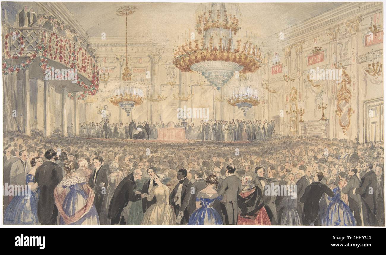 L'incontro di abolizione tenuto alle stanze di Willis in onore di Harriet Beecher Stowe 1853 William Henry Fisk British dopo Harriet Beecher Stowe 'Uncle Tom's Cabin' (1852) divenne un Best-seller in Gran Bretagna e America, l'autore visitò l'Inghilterra e la Scozia per promuovere le sue convinzioni anti-schiavitù. La società si è fatta incontrare e i commentatori hanno menzionato la sua piccola statura e l'aspetto sgradevole. Questo disegno raffigura un ricevimento impaccato tenuto il 25 maggio 1853 al Willis's Rooms, un club sociale di lusso situato in King Street, nel Mayfair di Londra. In questa occasione, Stowe è stato onorato dalla a britannica e straniera Foto Stock