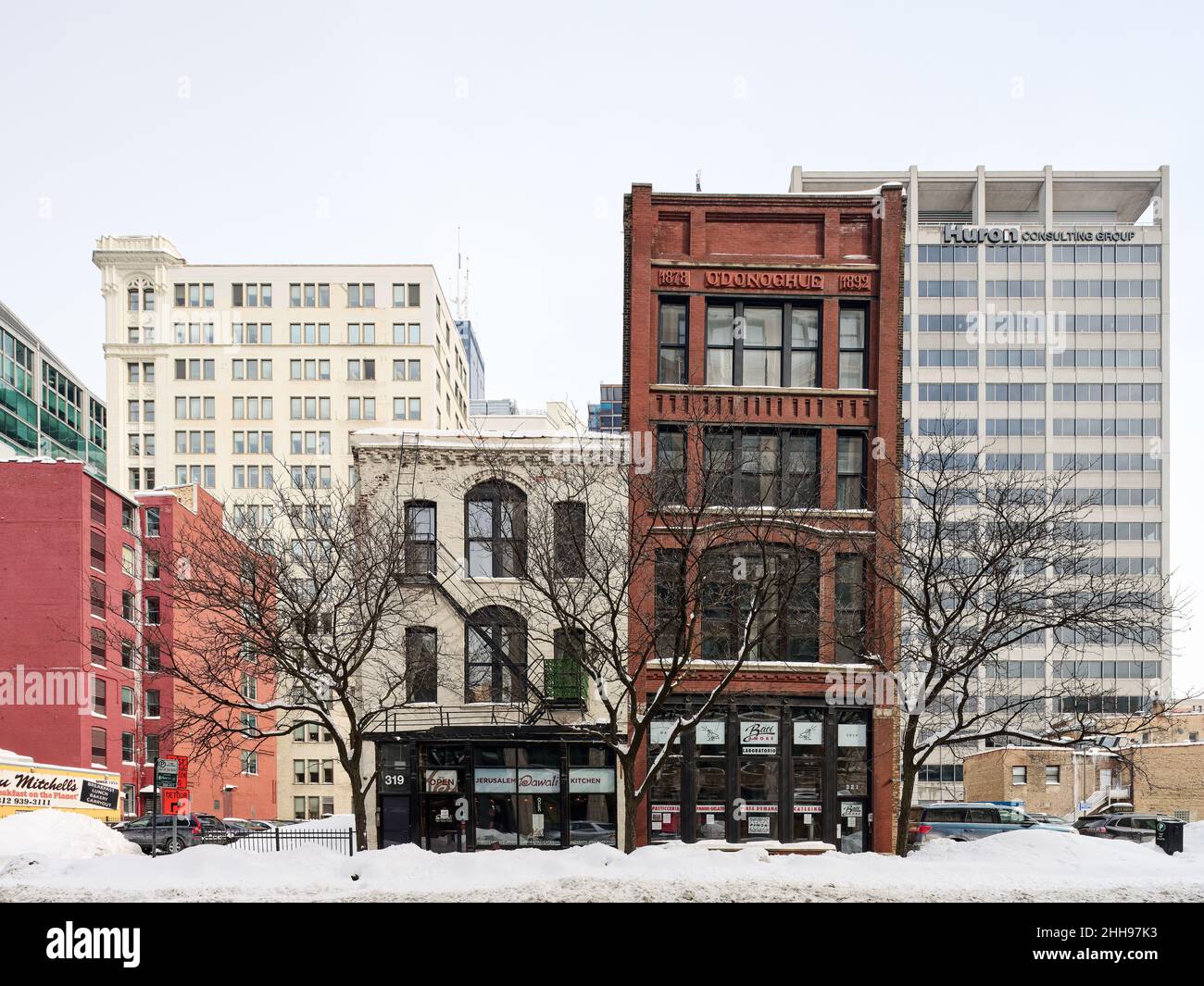 Vintage edifici nel West Loop durante l'inverno Foto Stock