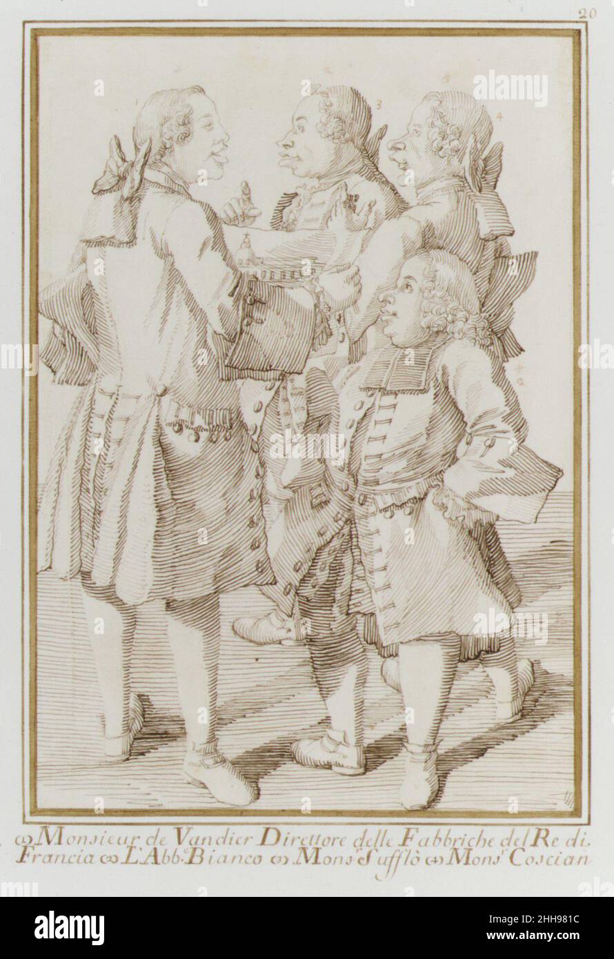 Il Marchese de Vandières, l'Abbé Jean-Bernard le Blanc, Germain Soufflot, e Charles-Nicolas Cochin, il più giovane ca. 1750 Pier Leone Ghezzi Italian Ghezzi è stato il primo caricaturista professionista pagato dai suoi sudditi. Con sede a Roma, ha attirato patroni e turisti locali. Questo lavoro rende divertente quattro influenti visitatori francesi. A sinistra si trova il ventiduenne Abel-Francois Poisson, marchese de Vandières. Per influenza della sorella, Madame to Pompadour, amante di Luigi XV, il marchese era stato nominato il prossimo direttore Général des Bâtiments du Roi (direttore del re) Foto Stock