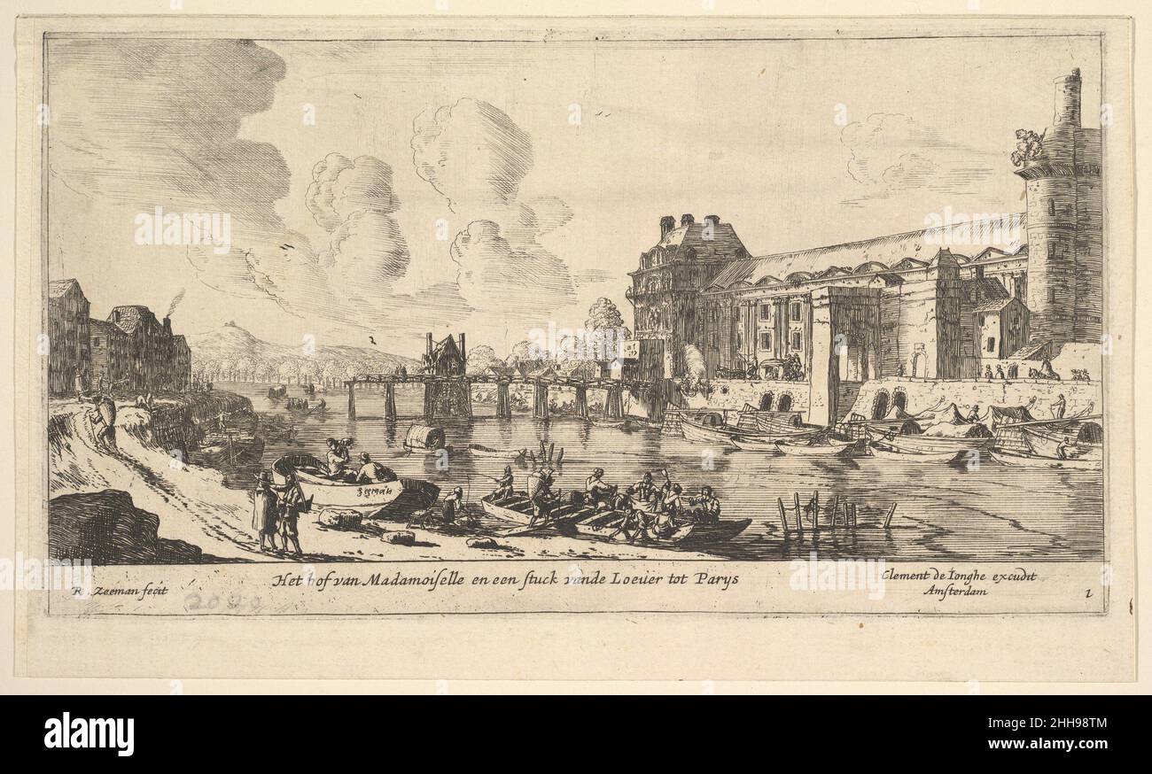 Vista del Louvre e delle Tuileries, dalle viste di Parigi e dei quartieri, Plate 1 17th secolo Reinier Nooms, chiamato Zeeman olandese. Vista del Louvre e delle Tuileries, dalle viste di Parigi e dei quartieri, Plate 1 380684 artista: Reinier Nooms, chiamato Zeeman, olandese, Amsterdam ca. 1623?1664 Amsterdam, Editore: Pubblicato da Clement de Jonghe, Olandese, Brunsb?ttel (Landkreis Dithmarschen) 1624/1625?1677 Amsterdam, Vista del Louvre e delle Tuileries, da viste di Parigi e quartieri, piatto 1, 17th secolo, attacco e punto secco; terzo stato di cinque, foglio: 6 x 10 1/4 poll. (15,3 x 26 cm). Foto Stock