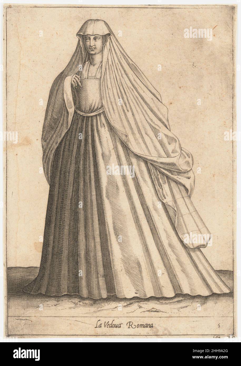 La Vedova Romana ca. 1580 attribuito a Pietro Bertelli italiano Vedi commento per il 62.676.31.1. La Vedova Romana 381942 artista: Attribuito a Pietro Bertelli, italiano, Padova attiva, ca. 1571?1621, la Vedova Romana, ca. 1580, incisione, foglio: 8 15/16 x 6 1/4 poll. (22,7 x 15,9 cm). Il Metropolitan Museum of Art, New York. Tenuta di Randolph Gunter, 1962 (62.676.31.5) Foto Stock