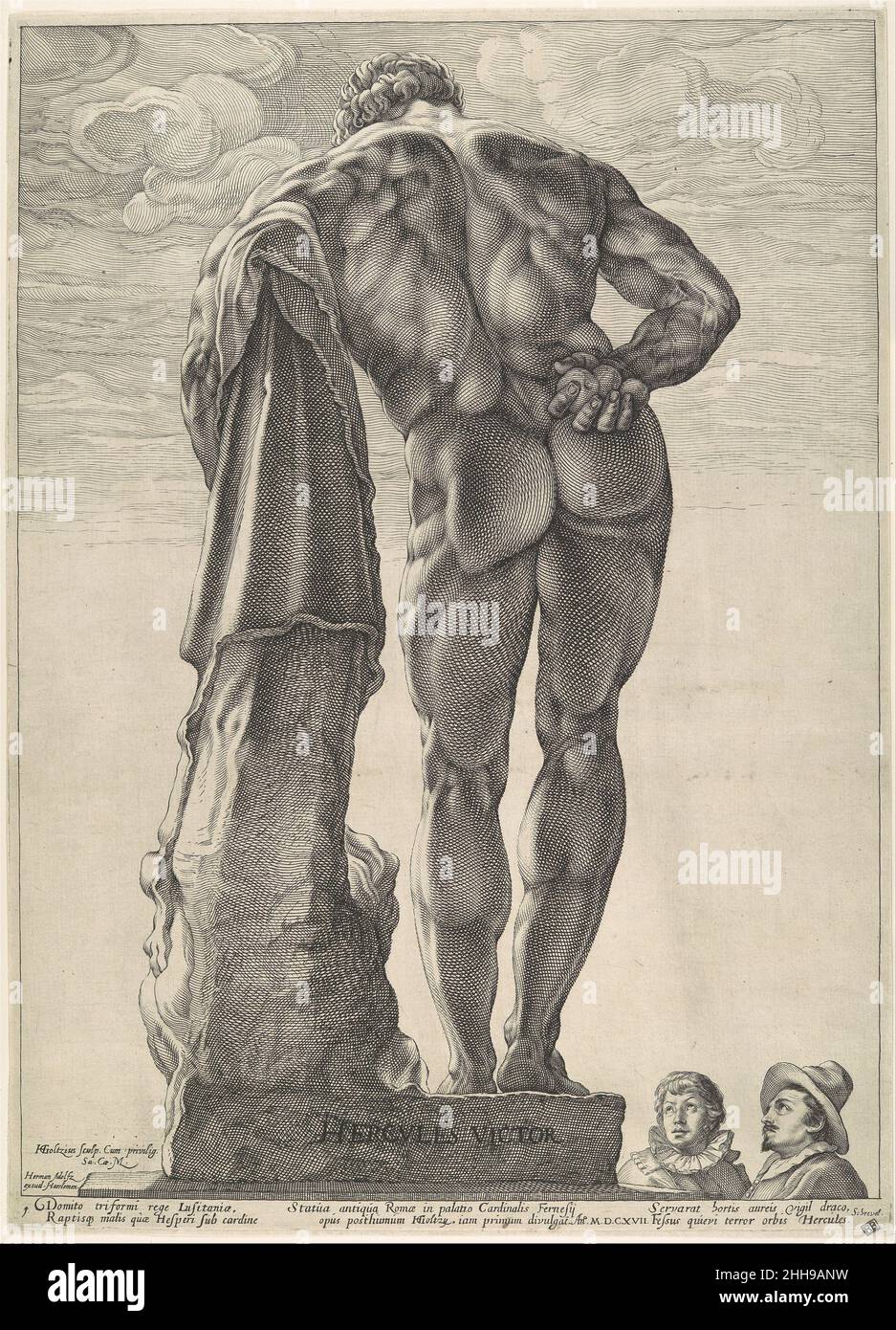 Ercole Farnese ca. 1592, datato 1617 Hendrick Goltzius Netherlandish era la cattiva salute di Goltzius così come il suo desiderio di vedere i tesori di Roma che lo ha ispirato a viaggiare in Italia nel 1590-91. Presumibilmente, il famoso stampatore olandese viaggiò in incognito per evitare obblighi sociali che potrebbero distrarre dal suo vero scopo, che stava disegnare e studiando sculture antiche. L'antica statua romana conosciuta come Ercole Farnese fu scoperta nelle Terme di Caracalla a Roma nel 1546, e installata in un cortile del palazzo della famiglia Farnese sulle rive del Tevere, dove Foto Stock