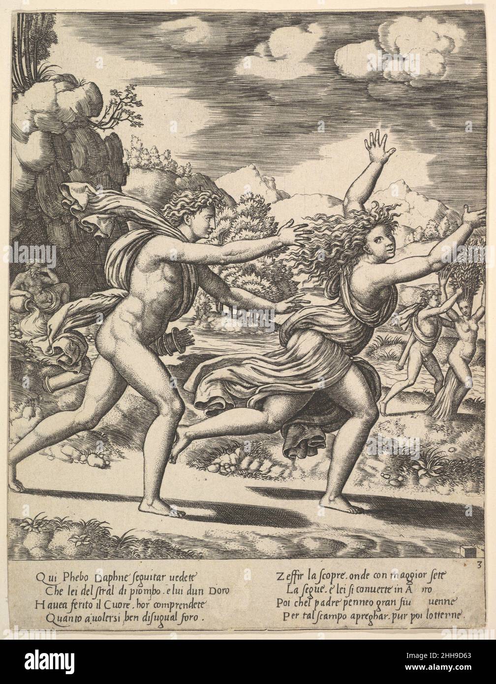 Apollo insegue Daphne che getta le braccia in su, sullo sfondo a destra mostra il momento in cui si gira in un alloro, dalla Storia di Apollo e Daphne 1530–60 incisa dal Maestro della Die Italian questa stampa, la terza della serie, raffigura il vano inseguimento di Apollo. I versetti in fondo all'incisione descrivono, in una parafrasi di Ovidio (Metamorphoses 1,527-30), come il vento accendeva ulteriormente l'anelito di Apollo sollevando gli indumenti di Daphne per rivelare le sue belle membra. Sullo sfondo, Apollo finalmente coglie il suo amore, ma troppo tardi, perché suo padre ha risposto alla sua richiesta e la ha trasformata in un lau Foto Stock