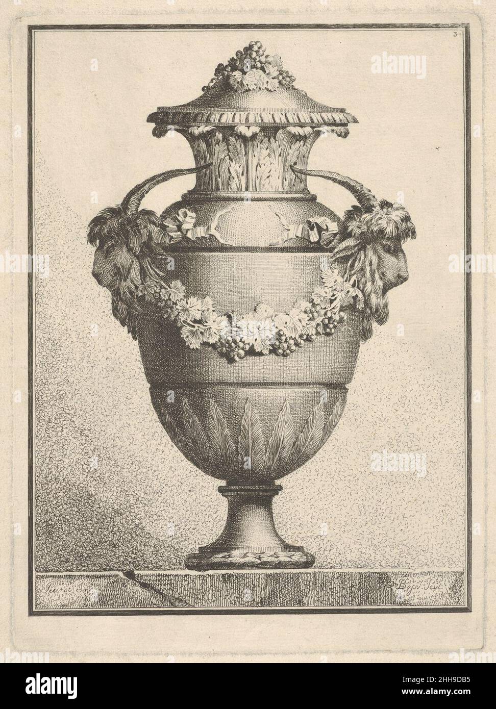 Disegno per un vaso coperto con due teste di capra e una ghirlanda 1764 Benigno Bossi italiano. Design per un vaso coperto con due teste di capra e una ghirlanda. Benigno Bossi (italiano, 1727–1792). 1764. Acquaforte Foto Stock