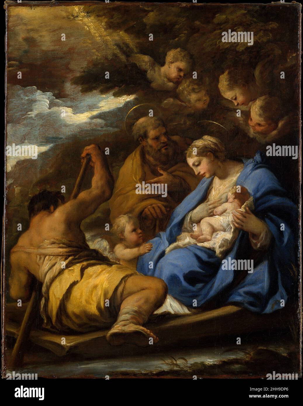 Il volo in Egitto Luca Giordano italiano nel 1692 Giordano fu convocato in Spagna come pittore di corte a Re Carlo II A Carlo succedette nel 1700 il re borbonico Filippo V, che commissionò alla corte francese un certo numero di dipinti da Giordano, tra cui questo lavoro. Dal 1701 al 1717 il dipinto era in possesso di Adrien-Maurice, comte d'Ayen, più tardi duc de Noailles, che ha svolto un ruolo importante nella guerra di successione spagnola e sposato una nipote di Madame de Maintenon. Il volo in Egitto 436503 Foto Stock