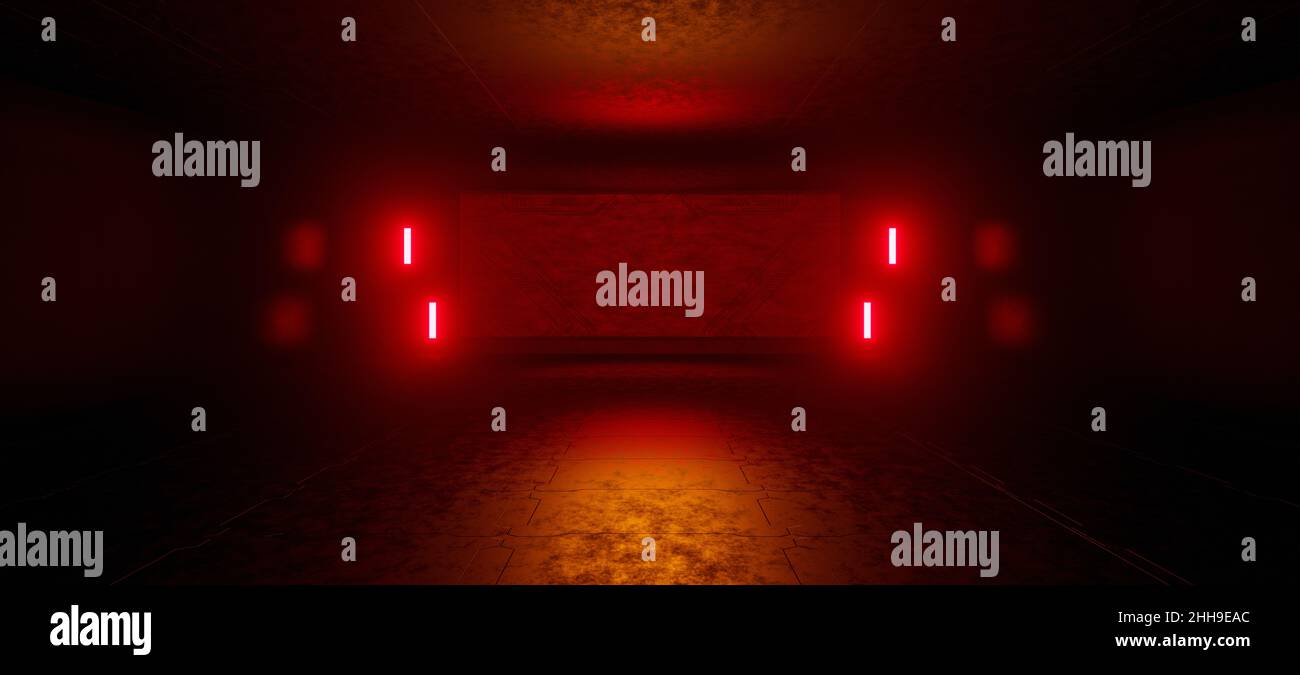 La luce laser rossa si illumina nella stanza buia. 3D Illustrazione. Foto Stock