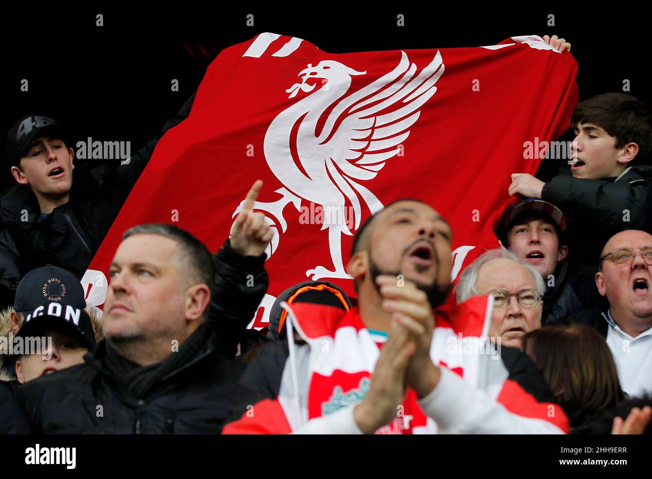Londra, Regno Unito. 23rd Jan 2022. I tifosi di Liverpool hanno svelato un banner durante la partita della Premier League tra Crystal Palace e Liverpool a Selhurst Park, Londra, Inghilterra, il 23 gennaio 2022. Foto di Carlton Myrie. Solo per uso editoriale, licenza richiesta per uso commerciale. Nessun utilizzo nelle scommesse, nei giochi o nelle pubblicazioni di un singolo club/campionato/giocatore. Credit: UK Sports Pics Ltd/Alamy Live News Foto Stock