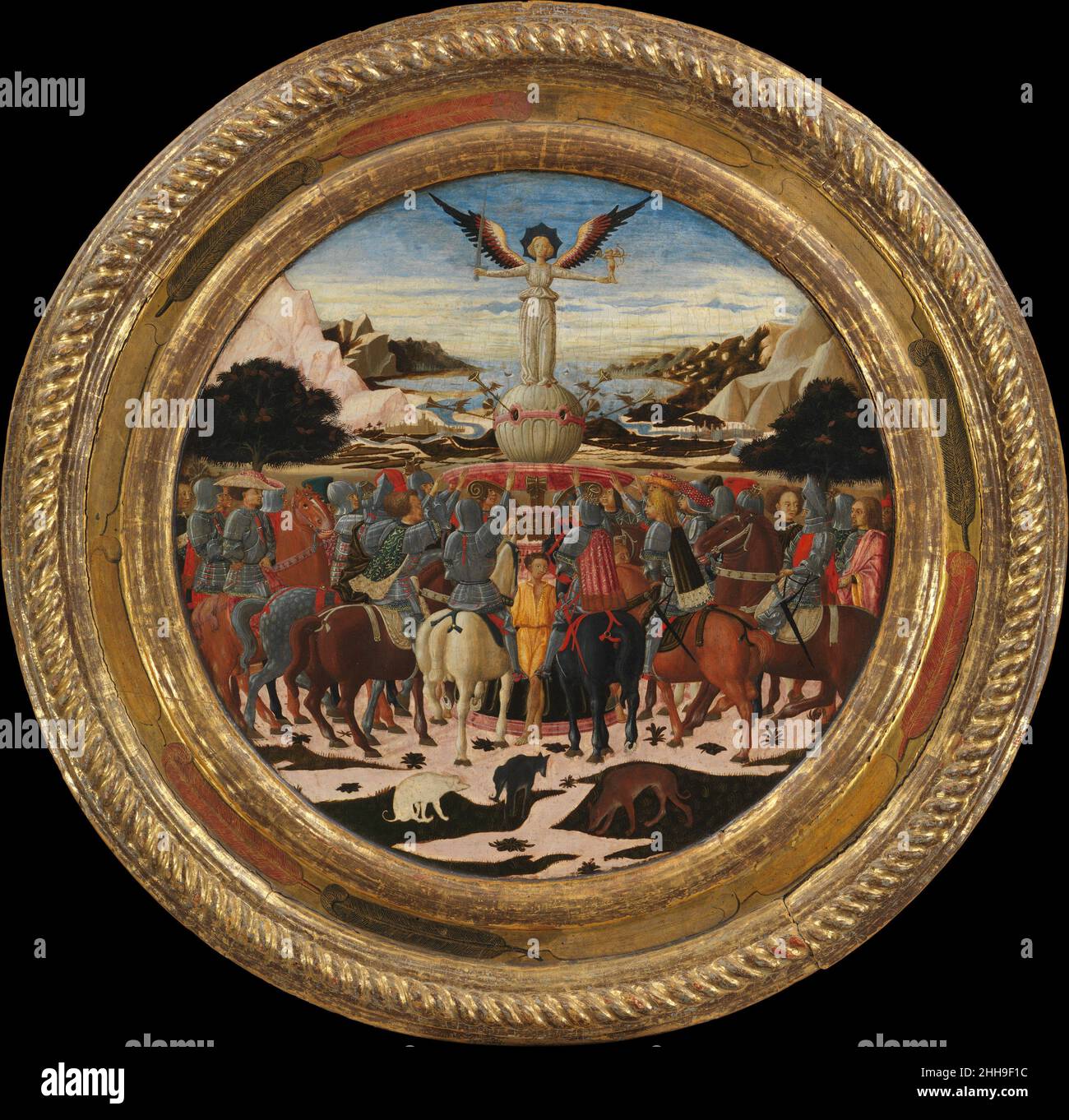 Il Trionfo della Fame; (al contrario) Impresa della Famiglia Medici e delle armi delle famiglie Medici e Tornabuoni ca. 1449 Giovanni di ser Giovanni Guidi (detto Scheggia) italiano questo vassoio commemorativo di nascita (desco da parto) celebra la nascita di Lorenzo de' Medici (1449-1492), Il più celebrato sovrano del suo tempo, così come un importante poeta e un grande patrono delle arti. Cavalieri estendono le loro mani in fedeltà a una figura allegorica di Fame, che detiene una spada e un cupido alare (simboleggiando la celebrità attraverso le braccia e l'amore). Le trombe alate suonano il trionfo di Fame. I prigionieri sono legati all'elabo Foto Stock