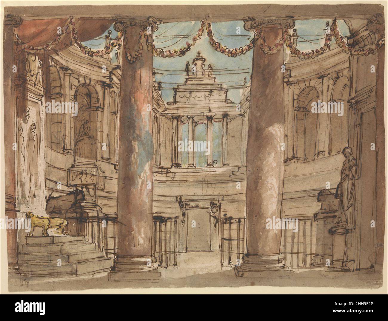 Design for a Stage Set 1770–80 Giuseppe Barberi italiano un prodigioso disegnatore, Barberi ha progettato molti progetti architettonici rimasti per la maggior parte ineseguiti. Fu addestrato come argentiere sotto Luigi Valadier, padre dell'architetto neoclassico romano Giuseppe Valadier. Molti dei disegni di Barberi, compreso questo, furono erroneamente attribuiti al giovane Valadier fino a quando Berliner non mostrò loro di essere i prodotti innovativi della fertile immaginazione di Barberi. La maggior parte dei disegni di Barberi si trovano nel Museo Cooper-Hewitt e nel Museo di Roma. Mostrano che Barberi è stato uno di Roma Foto Stock