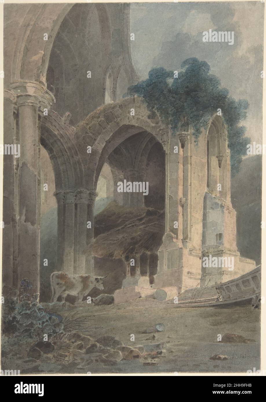 Rievaulx Abbey, Yorkshire 1803 John Sell Cotman British uno dei più significativi acquerellisti della Gran Bretagna, Cotman ha rimodellato il mezzo ampliando il suo potenziale estetico ed espressivo. Nato a Norwich, a nord-est di Londra, Cotman si trasferì nella capitale tra il 1798 e il 1806, viaggiando e pattinando in estate. Questa immagine della moodia dell'abbazia gotica di Rievaulx si riferisce a un tour dello Yorkshire nel 1803. Ai giorni di Cotman, le rovine di Rievaulx, una delle istituzioni cattoliche sciolte da Enrico VIII quando si staccò da Roma nel 1534, ripararono il bestiame e, per l'artista, evocarono la transizione di hu Foto Stock