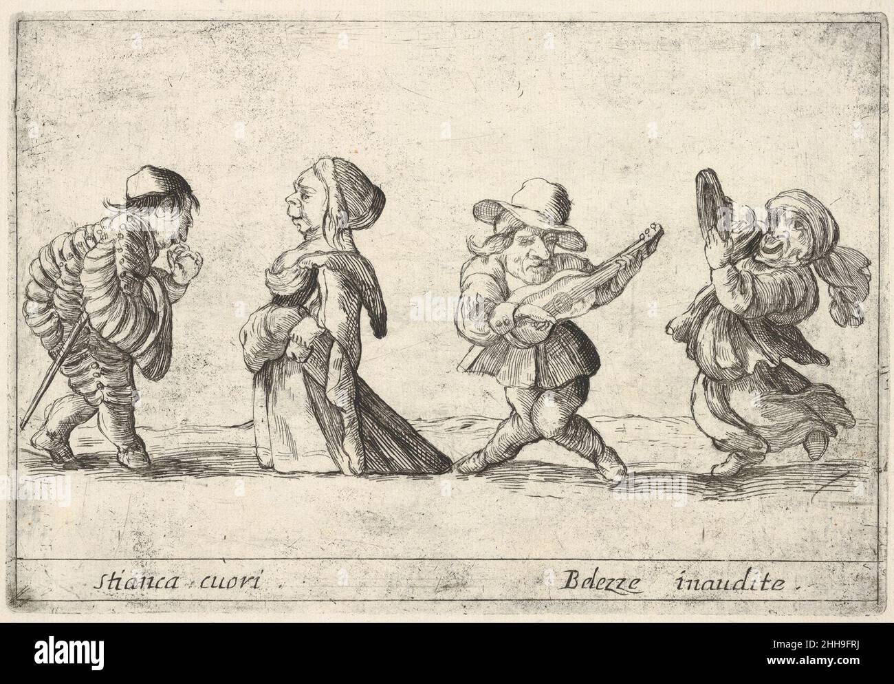 Callot figure; un nana ben vestito a sinistra che dichiara il suo amore ad una vecchia nana a sinistra, un nana che suona la chitarra e una nana che balla con un tamburello a destra, da 'sex grottesques' (sei pièces de figures grottesques) 1684 Agostino Mitelli II Italiano Agostino Mitelli, Il figlio del noto printmaker Giuseppe Maria Mitelli, ebbe una breve carriera di printmaker a Bologna. Queste stampe fanno parte di un set di sei incisioni dopo Stefano della Bella che rappresentano un tipo di caricatura molto popolare nel XVII secolo. Qui, diverse figure nane-simili suonano musical Foto Stock