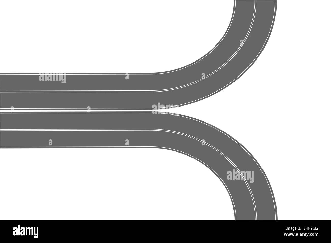 Due strade asfaltate che girano su lati diversi. Vista dall'alto dell'antenna. Parte autostradale con marcatura isolata su sfondo bianco. Elemento della carreggiata per la mappa della città. Illustrazione piatta vettoriale Illustrazione Vettoriale