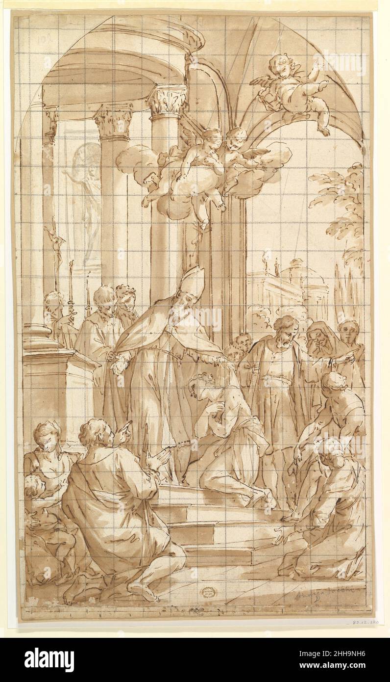 San Francesco rinuncia ai suoi beni mondani 1696–97 Luigi Garzi Italian questo disegno venne al Museo Metropolitano nel 1887 sotto il nome del maestro di Garzi, Andrea Sacchi, e solo nel 1966 fu fornita la corretta identificazione dal grande conoscitore Filippo Pouncey. Ha riconosciuto il disegno come studio per un dipinto di Luigi Garzi che fa parte della decorazione della Cappella di San Francesco a San Silvestro in capite, Roma. La pittura (repr. Sestieri, 1972, p. 97, fig. 8 ed Ellis K. Waterhouse, dipinti barocchi a Roma, Londra, 1937, pag. 65) si differenzia per un certo numero di d Foto Stock