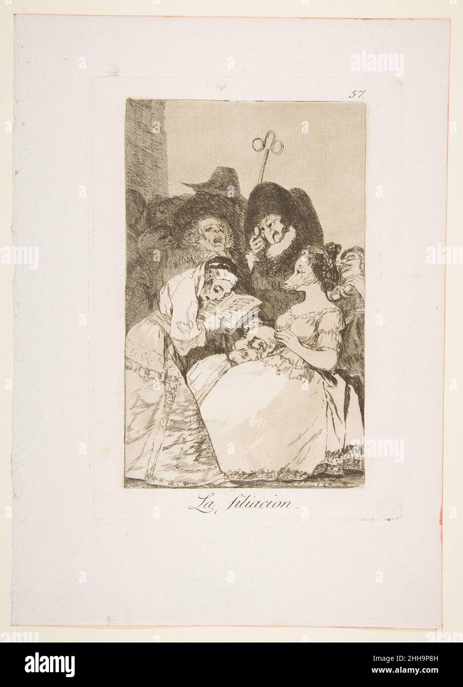 Targa 57 da 'Los Caprichos': La filiazione (la filiacion.) 1799 Goya (Francisco de Goya y Lucientes) Spagnolo. Targa 57 da 'Los Caprichos': La filiazione (la filiacion.) 380704 Artist: Goya (Francisco de Goya y Lucientes), Spanish, Fuendetodos 1746?1828 Bordeaux, Plate 57 from 'Los Caprichos':The filiation (la filiacion.), 1799, Etching and aquatint, Plate: 8 7/16 x 5 7/8 in. (21,5 x 15 cm) foglio: 11 9/16 x 8 1/4 pollici (29,4 x 20,9 cm). Il Metropolitan Museum of Art, New York. Dono di M. Knoedler & Co., 1918 (18,64(57)) Foto Stock