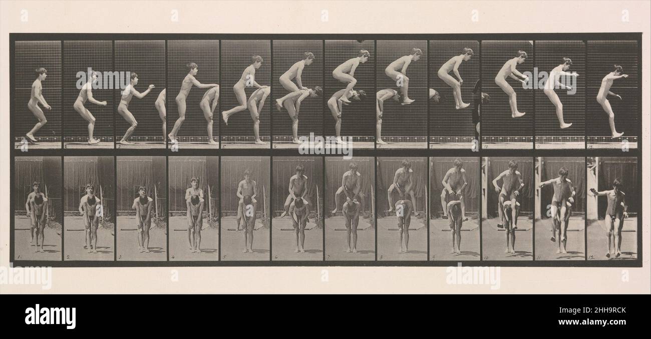 [Boys Playing Leap Frog] 1883–86, stampato 1887 Eadweard Muybridge American, Born Britain gli oltre settecento studi di movimento nella serie Animal Locomotion di Muybridge spaziano da indagini metodiche sulle azioni tortuose di uomini, donne e un vero e proprio testicolo a compendia delle azioni più banali della vita quotidiana. I progenitori della tecnologia filmica, le sequenze di Muybridge, spesso riconfigurate per la leggibilità piuttosto che per la precisione, erano destinate sia al controllo scientifico che alle indagini artistiche. [Ragazzi che giocano a Leap Frog]. Eadweard Muybridge (inglese e americano, Kingston upo Foto Stock
