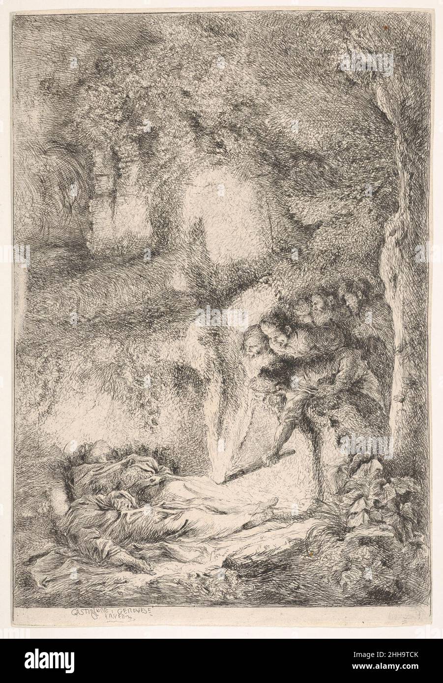 Trovare i corpi dei Santi Pietro e Paolo ca. 1647–51 Giovanni Benedetto Castiglione (il Grechetto) l'italiano Castiglione è considerato uno dei più innovativi stampatori del XVII secolo, e questo è uno dei dieci incisioni da lui provenienti dalla collezione Massar. Molte delle sue stampe affrontano la transizione degli sforzi terreni, della morte e della decadenza. Castiglione fu fortemente influenzato dalle stampe di Rembrandt e dal loro tenebrismo (da tenebroso, suggerendo oscurità), e cercò anche soggetti religiosi che sarebbero stati valorizzati da un ambiente cupo. Questa stampa raffigura il vault sull'Appia W. Foto Stock