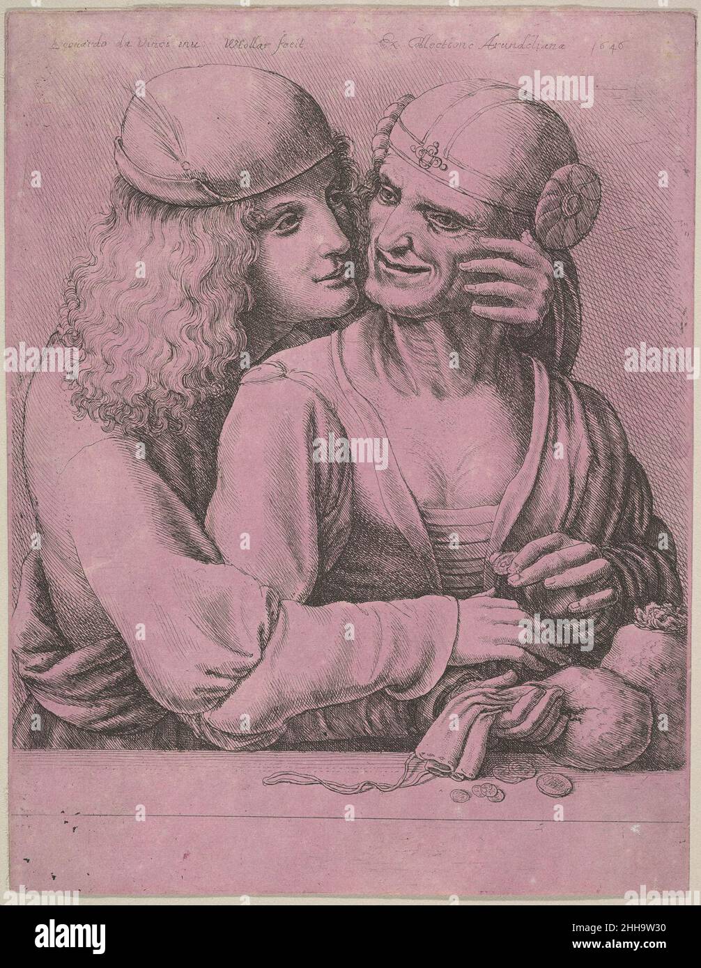 Un giovane che carezzava una donna anziana 1646 Venceslao Hollar Bohemian la fonte di questa immagine raffigurante un giovane amoroso e una donna anziana era attribuita a Leonardo, che rappresentava ossessivamente coppie di fisiognomie contrastanti: Giovani di bellezza idealmente perfetta spesso affrontano tipi anziani con deformità fisiche. Sebbene l’iscrizione sulla stampa confermi che l’opera originale era nella collezione del Conte d’Arundel, un disegno con questa composizione figurale di Leonardo non sopravvive. Negli scritti del maestro dei primi anni del 1490s, citò Petrarca sotto un disegno di una donna grottesca, 'Wh Foto Stock