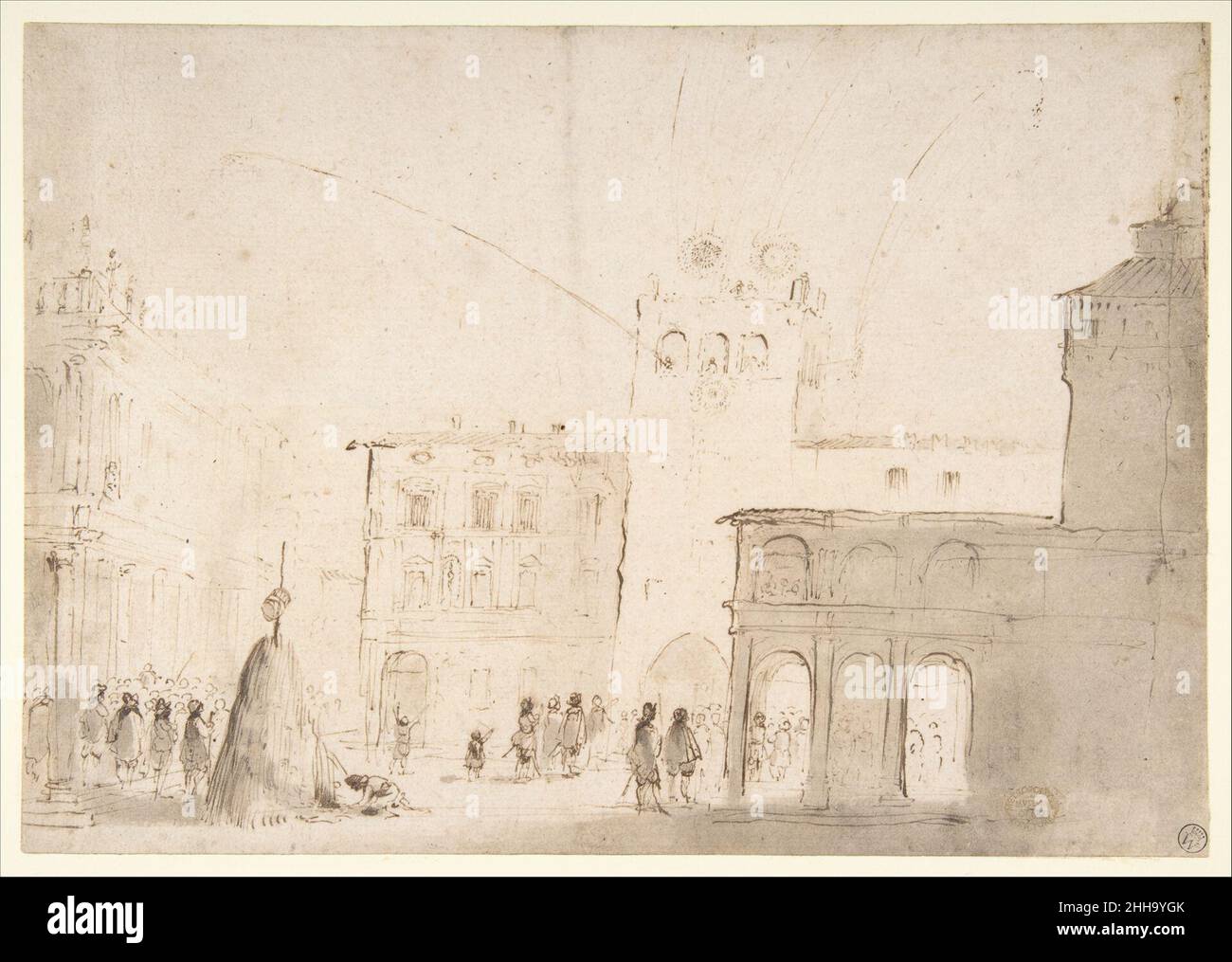 Fuochi d'artificio in Piazza ca. 1618–23 Guercino (Giovanni Francesco Barbieri) Mahon italiano (1968, n. 191, p.187) datò provvisoriamente il disegno del Museo alla prima fase della carriera di Guercino, prima del suo soggiorno romano del 1621-23. Mahon notò una somiglianza tra il genere oggetto del disegno e quello delle scene dipinte da Guercino e gli assistenti della Casa Pannini, cento (1617). Mahon suggerisce la possibilità dell'architettura che riflette i viaggi del soggiorno veneziano di Guercino del 1618. William Griswold (1991) seguì la datazione di Mahon al periodo pre-romano, notando un realista simile Foto Stock