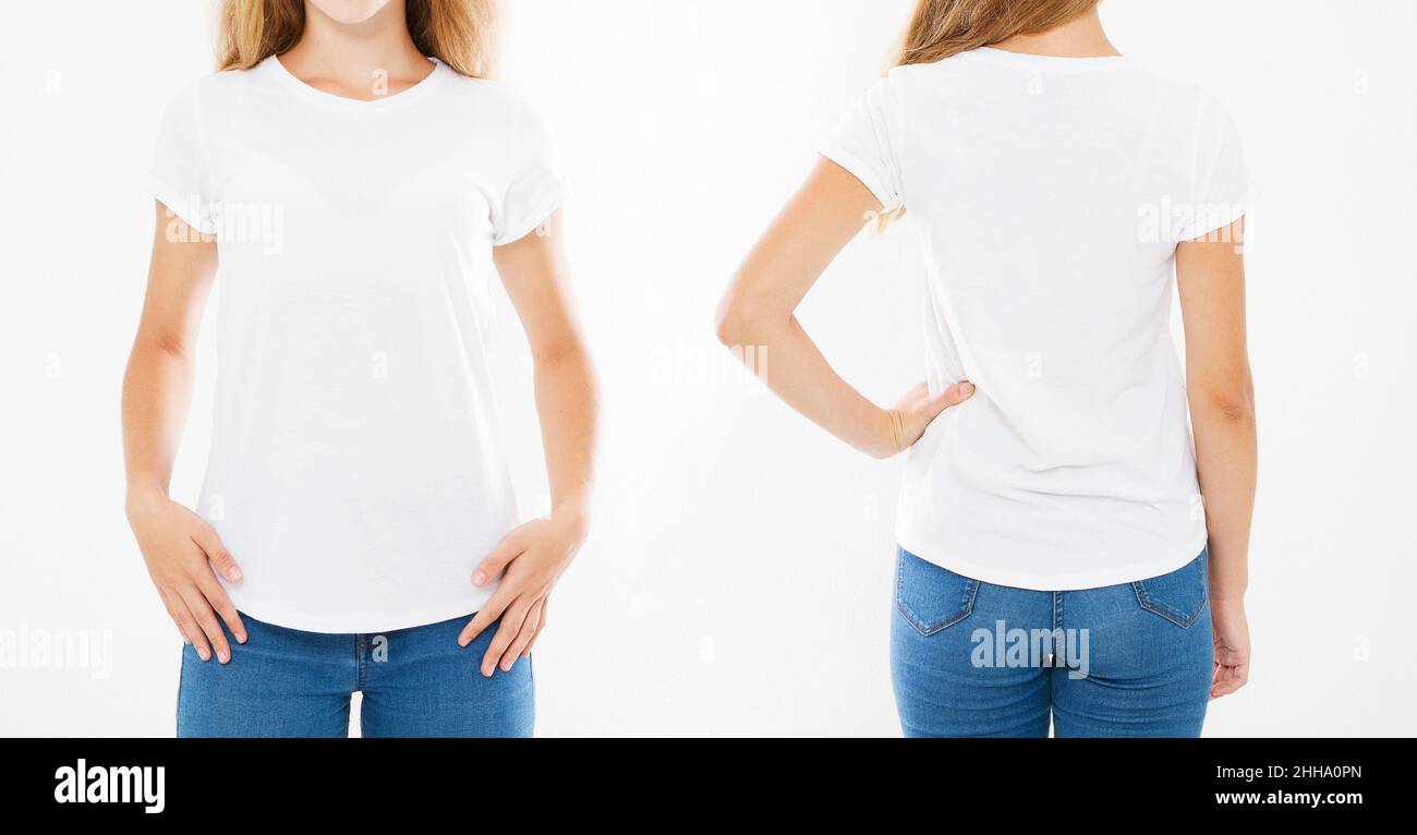 ritratto ritagliato set fronte retro vista donna caucasica in t shirt  isolato su sfondo bianco Foto stock - Alamy