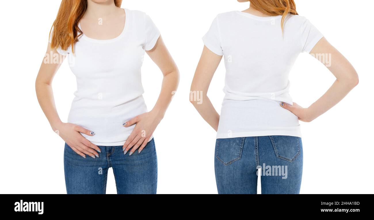 Vista frontale e posteriore di giovani donne scandinave con capelli rossi in elegante t-shirt su sfondo bianco. Mockup per t shirt design Foto Stock