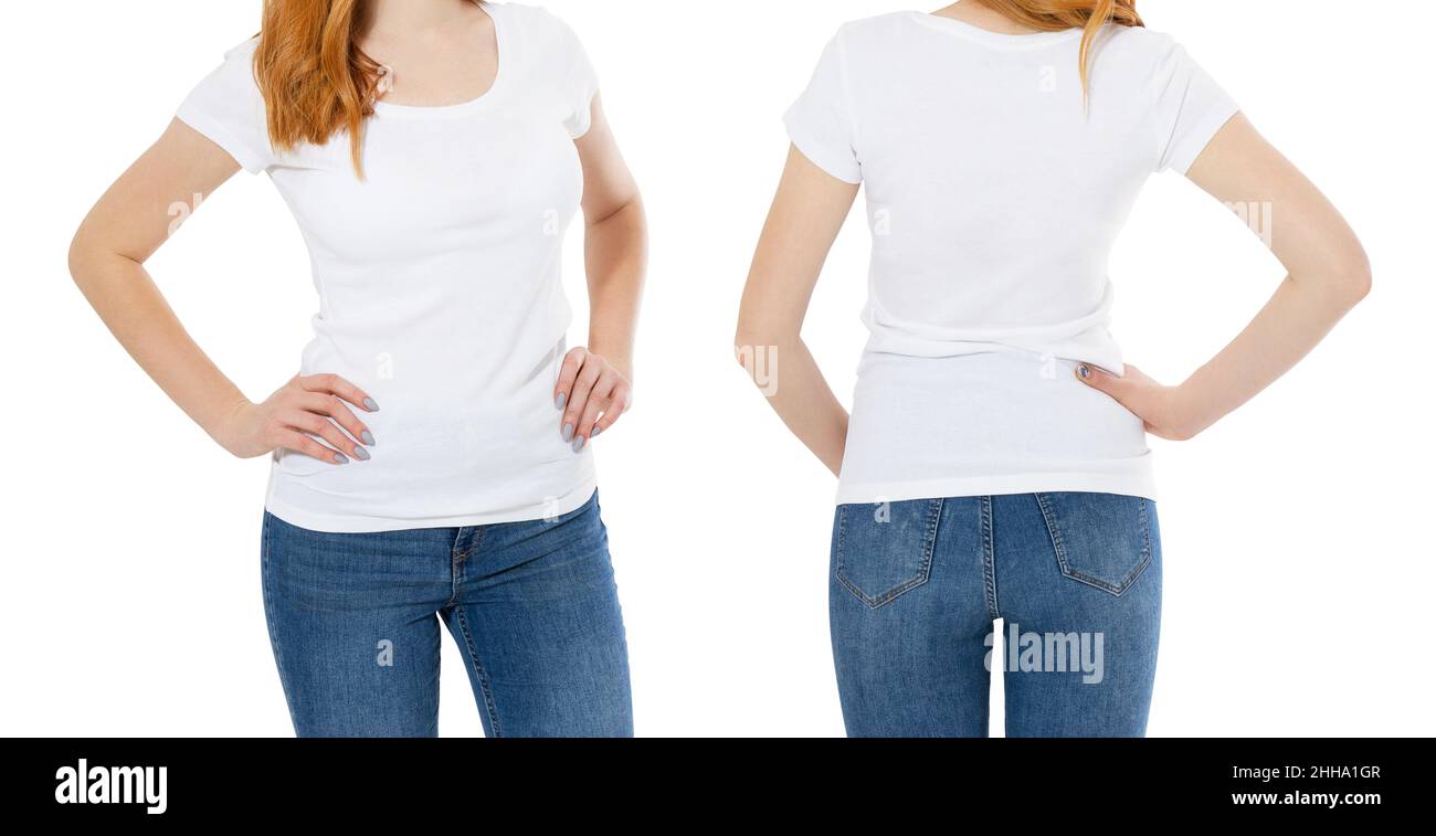 t-shirt set capelli rossi bella donna in bianco bianco tshirt mock up Foto Stock