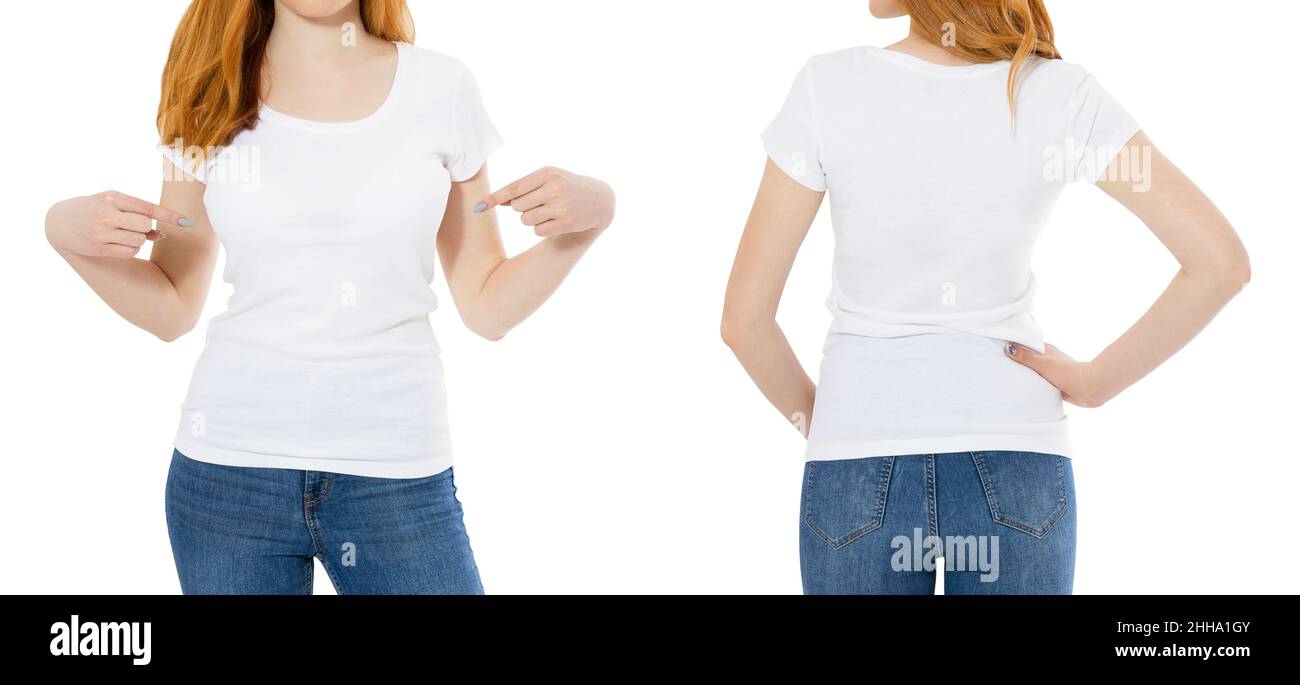 T-shirt bianca su una giovane dima di capelli rossi, isolata su sfondo bianco sul retro e sulla parte anteriore con percorso di taglio. T-shirt bianca donna, mock tshirt donna Foto Stock