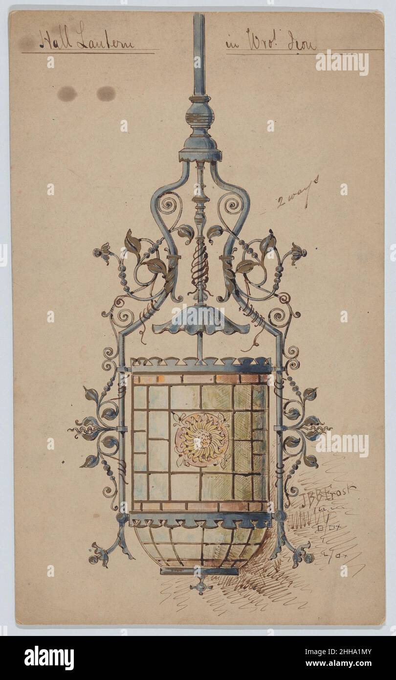 Ferro battuto Hall Lanterna Design 19th secolo J. B. Frost. Lanterna in ferro battuto. J. B. Frost (americano, 19th secolo). 19th secolo. Penna, inchiostro e acquerello, riflessi dorati Foto Stock