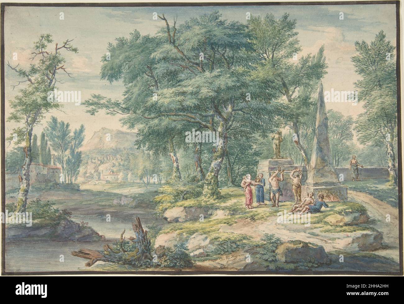 Paesaggio arcadico con figure fare musica primi del 18th secolo Jan van Huysum olandese. Arcadia Landscape with Figures Making Music 383930 Artist: Jan van Huysum, Dutch, Amsterdam 1682?1749 Amsterdam, Arcadia Landscape with Figures Making Music, inizio 18th secolo, inchiostro grigio e penna e acquerello. Ampia linea di incorniciatura in inchiostro nero, foglio: 9 3/16 x 13 9/16 pollici (23,4 x 34,4 cm). Il Metropolitan Museum of Art, New York. Van Day Truex Fund, 2008 (2008,476) Foto Stock