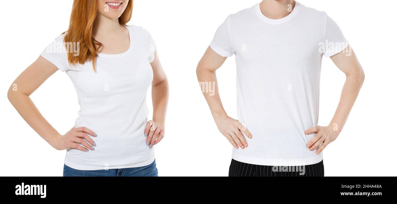 T-shirt bianca su un giovane uomo di capelli rossi e ragazza tshirt mockup isolato primo piano Foto Stock