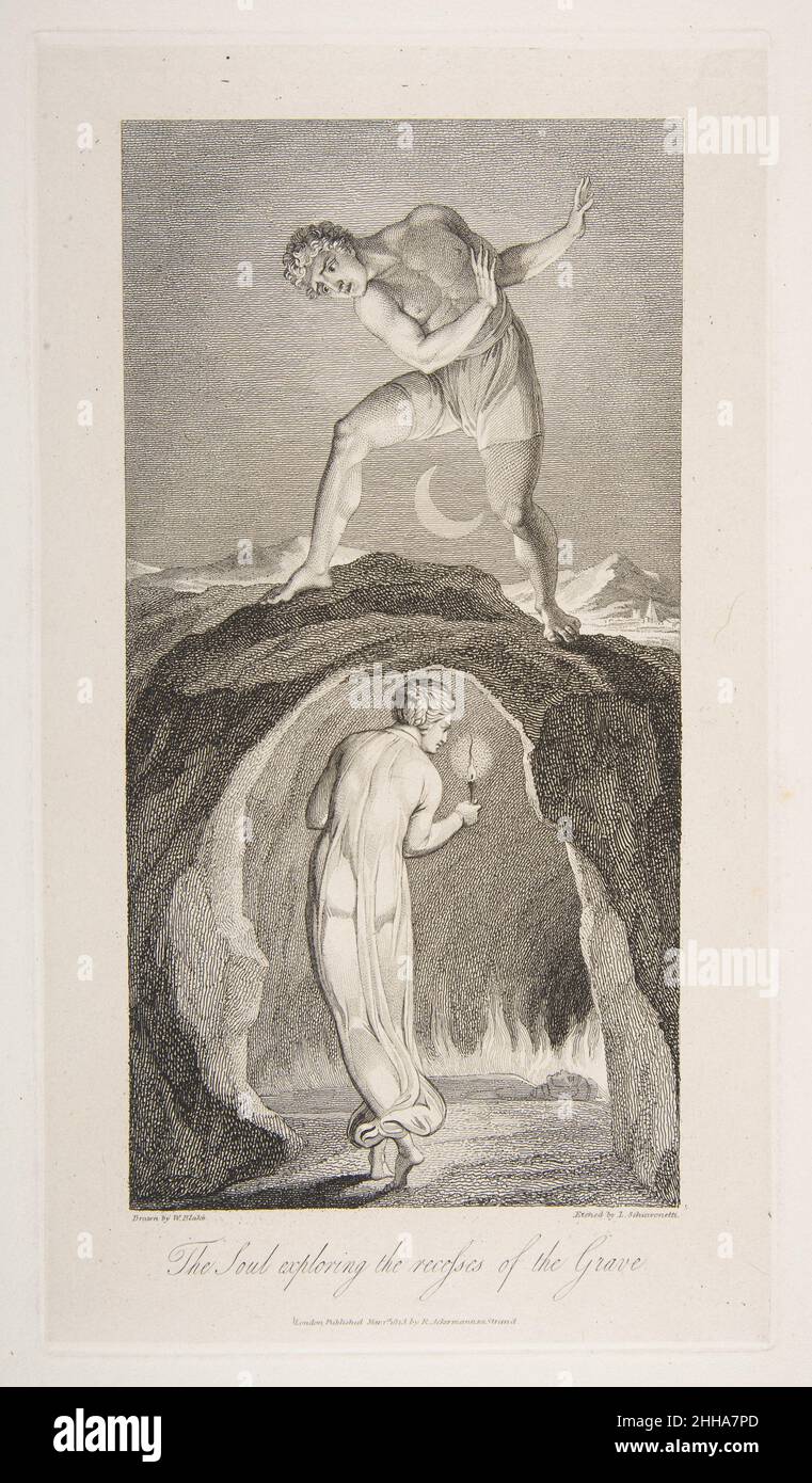 L'anima che esplora le recessi della tomba, da 'la tomba,' una poesia di Robert Blair 1 marzo 1813 dopo William Blake British. The Soul Exploring the reces of the grave, from 'The grave', a poem by Robert Blair 383676 Artist: Luigi Schiavonetti, Italian, Bassano del Grappa 1765?1810 London, Artist: After William Blake, British, London 1757?1827 London, Publisher: Rudolph Ackermann, London, The Soul Exploring the reces of the grave, from the grave, un poema di Robert Blair, 1 marzo 1813, incisione, piatto: 9 1/4 x 4 11/16 pollici. (23,5 x 11,9 cm) foglio: 11 x 6 3/16 pollici (27,9 x 15,7 cm). Il Foto Stock