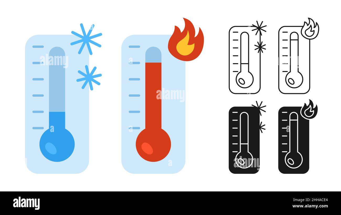 Icona temperatura impostata su caldo e freddo. Simbolo caldo, caldo con sole, freddo e termometri meteorologici fiocchi di neve. Misurazione della temperatura dell'apparecchiatura Celsius e Fahrenheit. Raccolta di segni vettoriali Illustrazione Vettoriale