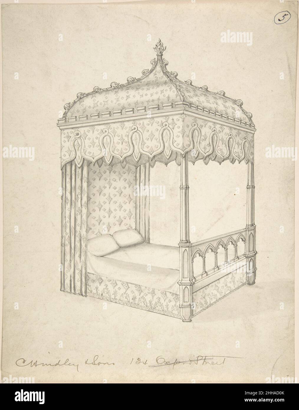 Design per un letto gotico con tettoia 1841–84 Charles Hindley e figli inglesi. Design per un letto gotico con tettoia. Charles Hindley and Sons (British, Londra 1841–1917 Londra). 1841–84. Penna e inchiostro nero Foto Stock